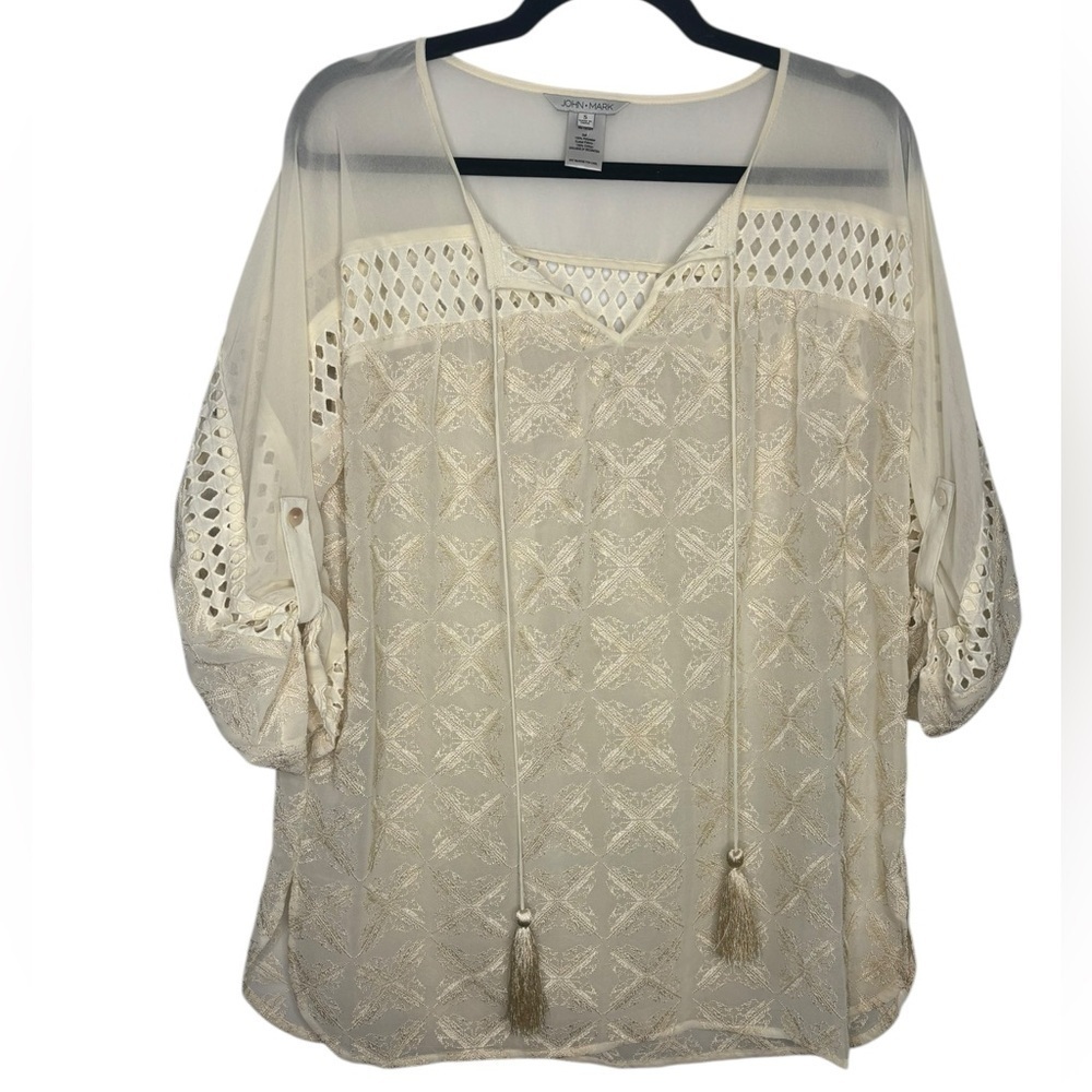 John Mark Womens Embroidered Keyhole Tie Up Neck Fold Up Cuff Sleeve Sheer Top S